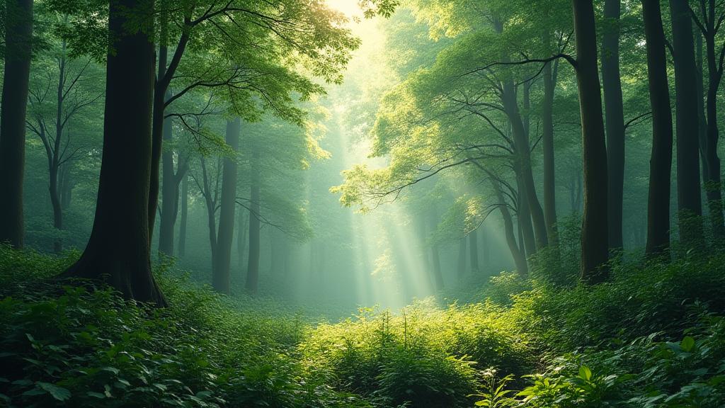 Sunlight filtering through the leaves of a dense Japanese forest canopy.
