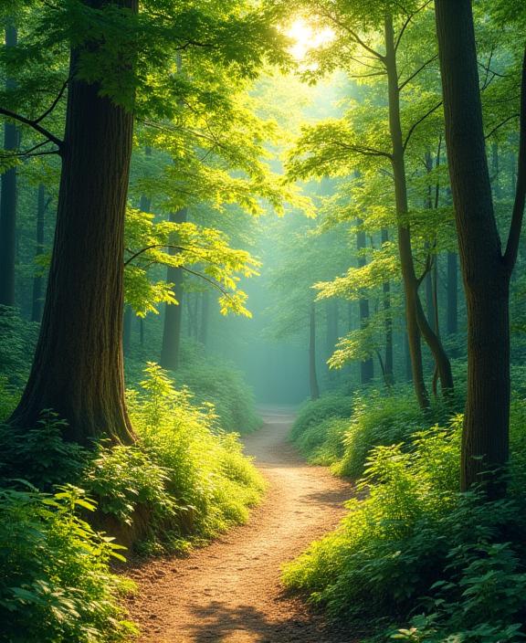 A serene trail path winding through a sunlit forest.